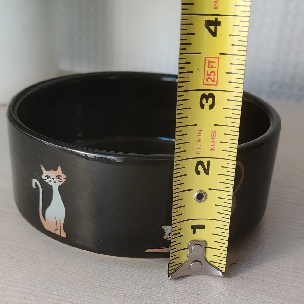 Black Glossy Ceramic Cat Bowl with Cats Printed Around the Outside